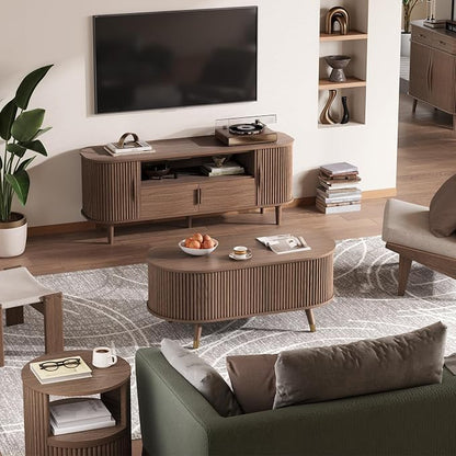 Oval Coffee Table with Storage, 42.5” Fluted Coffee Table with Lifting Top & Solid Wood Legs, Modern Lift Up Center Table for Living Room, Home Office, Walnut