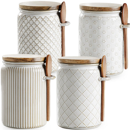 getstar Small Canisters Sets for the Kitchen, 18 oz Sugar Coffee Tea Storage Containers, Ceramic Kitchen Canisters for Countertop Set of 4 with Airtight Lids and Teaspoons