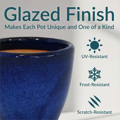 Sunnydaze Resort Round Ceramic Planter - Set of 2 Indoor or Outdoor Plant Pots with Drainage Hole - 8" - Imperial Blue Glaze