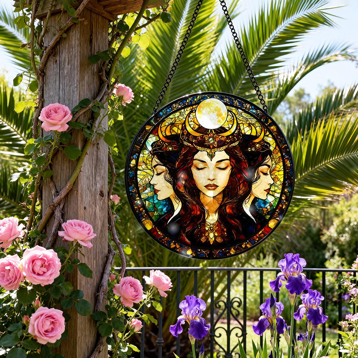 Greatingreat Stained Glass Window Hanging Hecate Triple Moon Goddess, Home Room Decor 7.8 Inch Sun Catchers Indoor Window, Whimsical Decor Pagan Wiccan for Women,Dark Feminine Energy