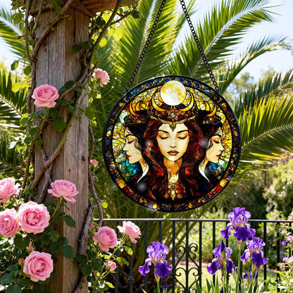 Greatingreat Stained Glass Window Hanging Hecate Triple Moon Goddess, Home Room Decor 7.8 Inch Sun Catchers Indoor Window, Whimsical Decor Pagan Wiccan for Women,Dark Feminine Energy