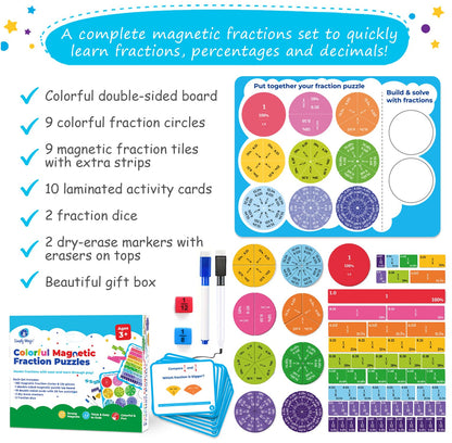 Simply magic 117 PCS Magnetic Fraction Puzzle with Tiles & Circles - Educational Fraction Magnets, Strips, Fraction Manipulatives with Decimals & Percentages for Elementary School & Homeschool
