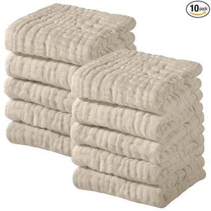 Yoofoss Muslin Baby Washcloths 100% Cotton Face Towels 10 Pack Wash Cloths for Baby 12x12in Soft and Absorbent Baby Wipes (Apricot)