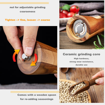 GCFTIFF Acrylic Wooden Salt and Pepper Grinder Set, Solid Acacia Wood Shakers with Adjustable Ceramic Steel Core,Manual Pepper Mill with Wooden Stand & Spoon(2pcs,8 inches)