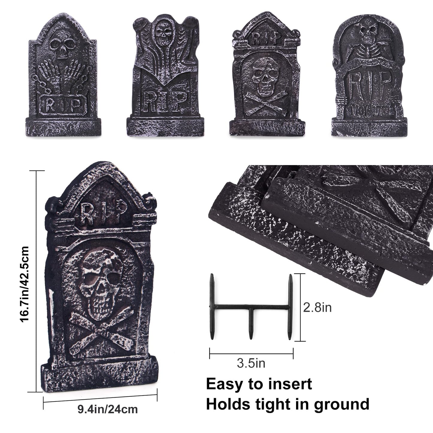 Sizonjoy Halloween Decorations, Foam RIP Graveyard Tombstones, 4 Pack Graveyard Headstone Decorations with 8 Bonus Stakes for Lawn Outside Decor (17In)