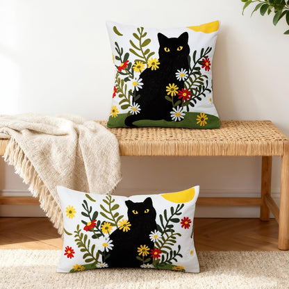 Cythasily Embroidered Pillow Covers 12x20 Inch Set of 1, Black Cat and Floral Patterned Decorative Throw Pillow Covers Lumbar Farmhouse Canvas Cushion Cases for Couch Sofa Bed Living Room Home Decor
