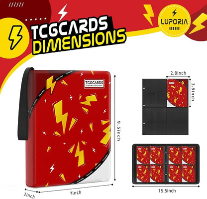 Trading Card Binder 4 Pocket,400 Pocket Card Collection Binder with 50 Removable Sleeves,PU Waterproof Top Card Book,3-Ring Zipper Collectible Trading Card Album for MTG/TCG/Card Holder Gift（Red）