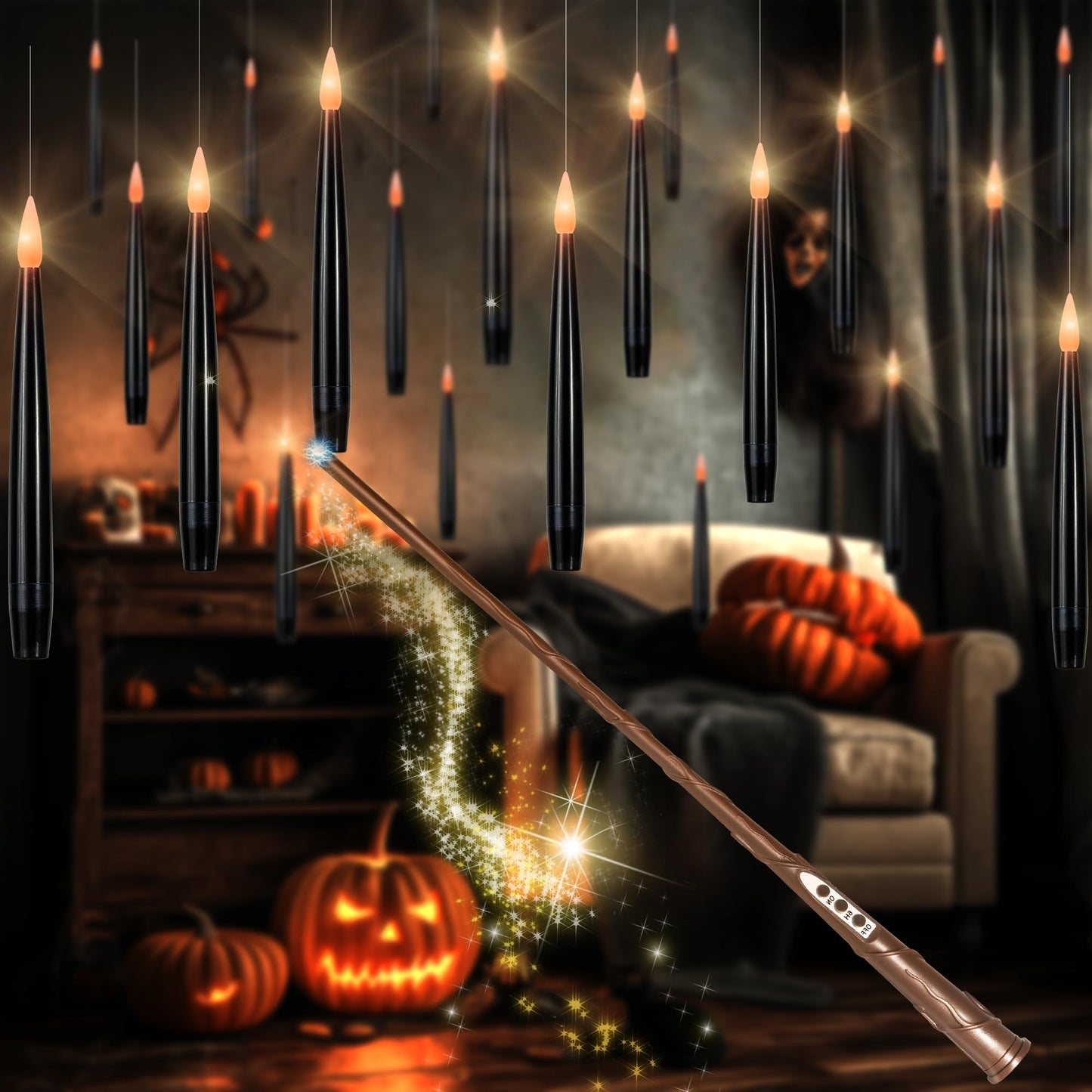 LUSHARBOR Floating Candles with Wand, Magic Halloween Decorations 10pcs Black Flameless Candles with Remote LED Battery Operated Candle for Halloween Decor Gift 6.1in