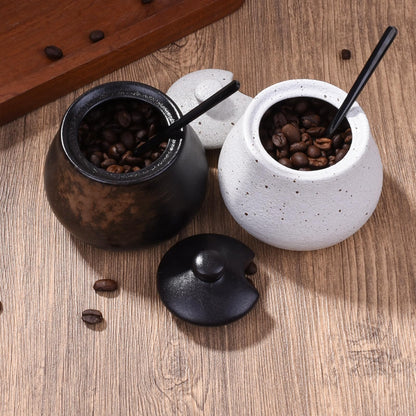 BOSILI Ceramic Sugar Jar Set of 2, Condiment Canisters with Lids and Spoons, Black and White Storage Containers for Sugar, Salt, Spices and Jam