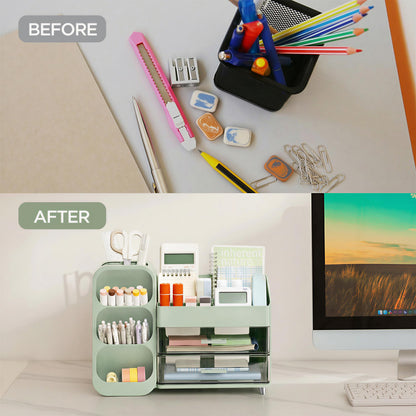 HBlife Desk Organizer with Pen Pencil Holder for Desk, Pen Organizer with 2 Drawers, Desk Organizers and Accessories with 4 Compartments, Desktop Storage for Office Home School Art Supplies, Green