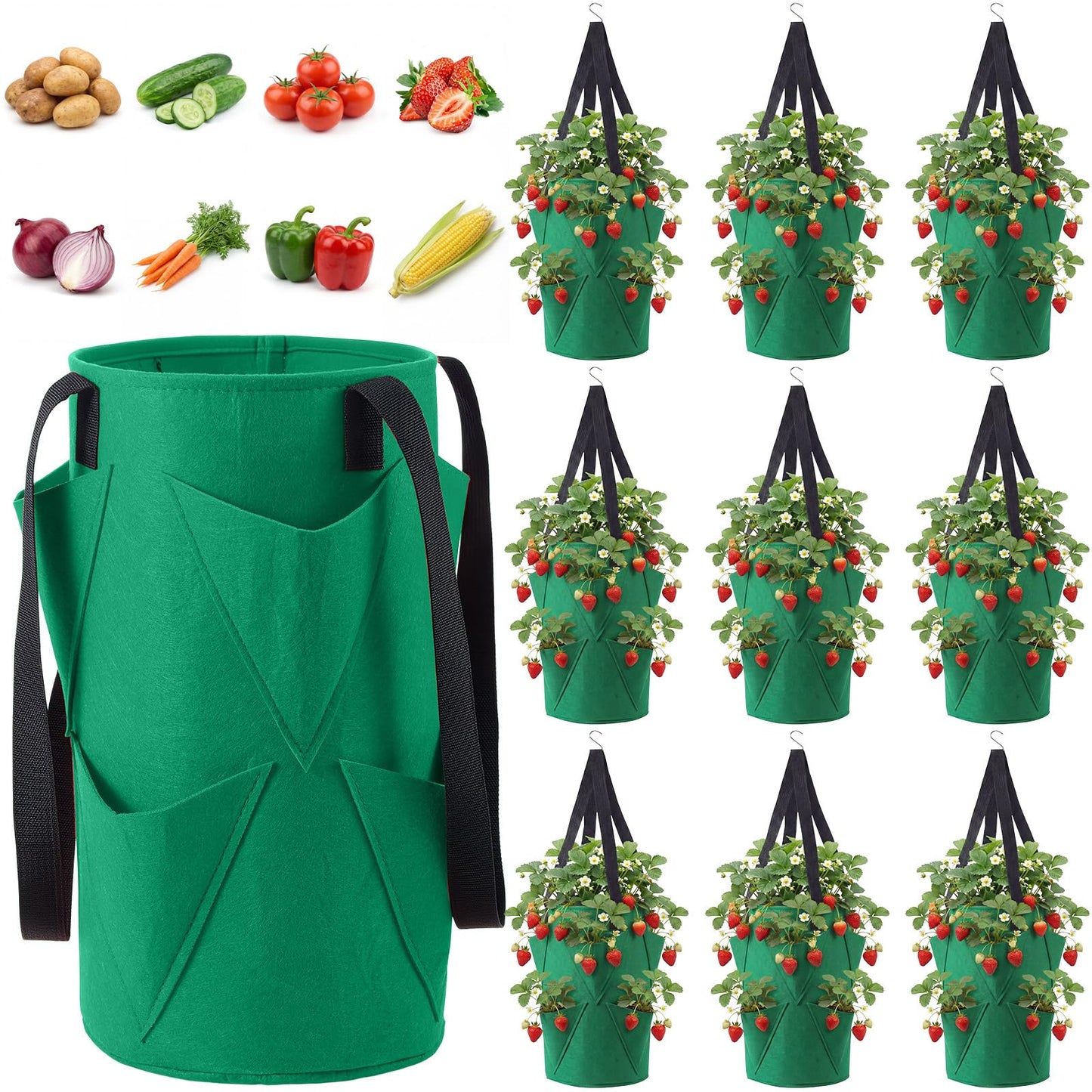 SATINIOR 10 Pack Upside Down Strawberry Planter Set Hanging Vegetables Grow Bags with 10 S Hooks, 3 Gallon Fabric Planting Bags for Easy Vertical Gardening(Deep Green)