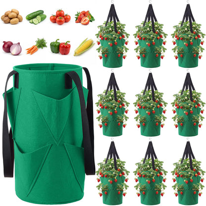 SATINIOR 10 Pack Upside Down Strawberry Planter Set Hanging Vegetables Grow Bags with 10 S Hooks, 3 Gallon Fabric Planting Bags for Easy Vertical Gardening(Deep Green)