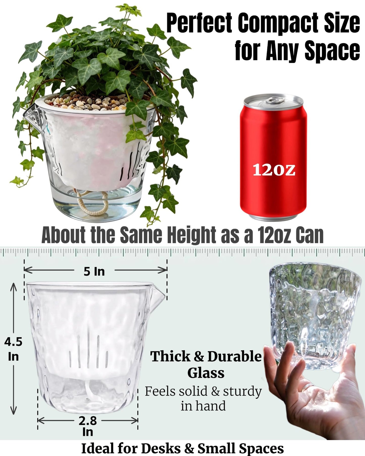 BovcTrraann 3-Pack Clear Self Watering Plant Pots, 5 Inch Clear Flower Pots with Drainage Holes, Tray and Rope, Plastic Self Watering Planters for Indoor Outdoor Garden Plants, African Violet, Herbs