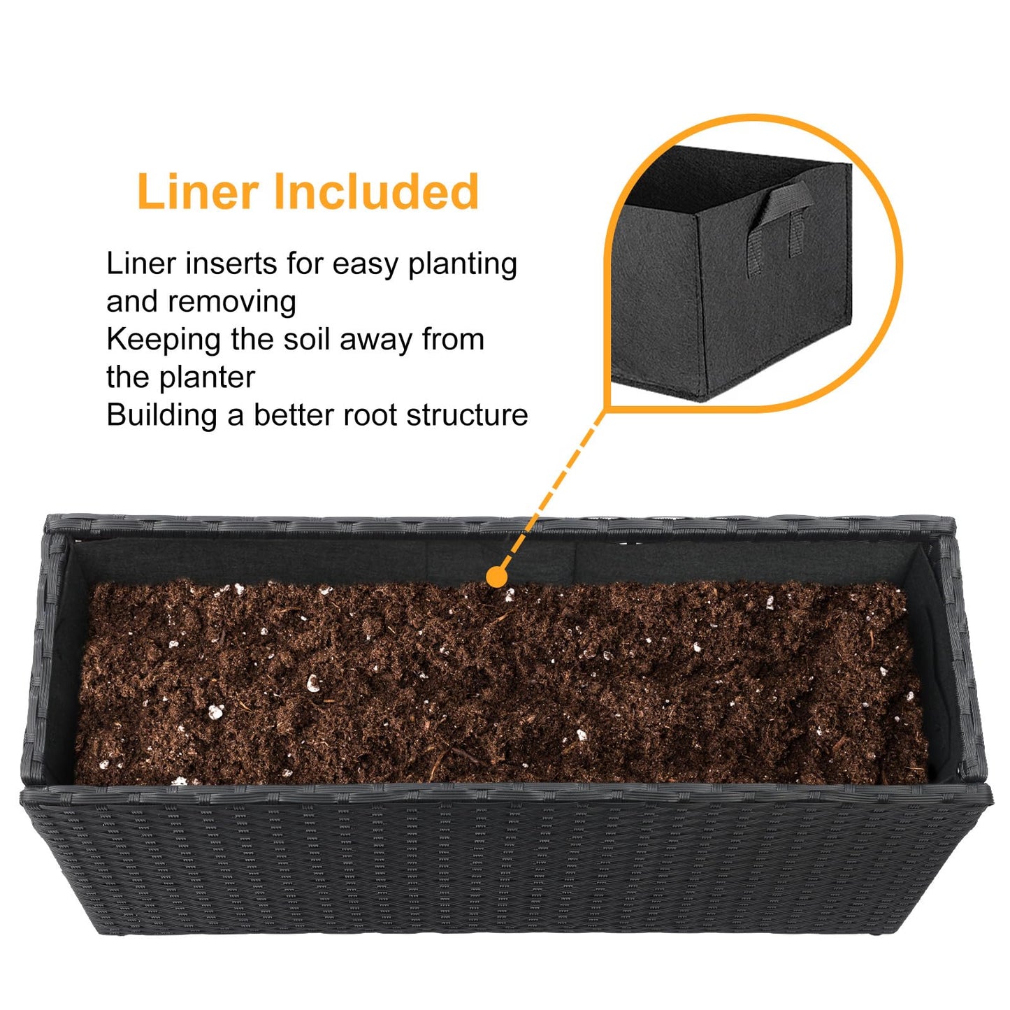 SUNNYPARK Black Rectangular Planter Box All-Weather PE Rattan Large Modern Planters with Removable Liner Indoor Outdoor Decorative Flower Pot for Patio, Balcony, Garden