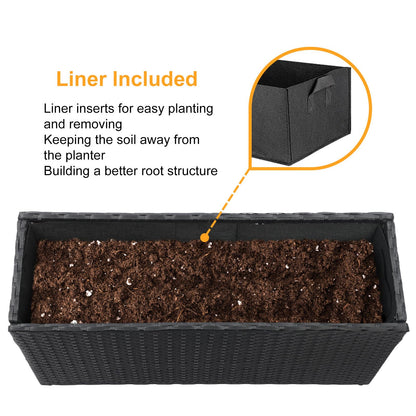 SUNNYPARK Black Rectangular Planter Box All-Weather PE Rattan Large Modern Planters with Removable Liner Indoor Outdoor Decorative Flower Pot for Patio, Balcony, Garden