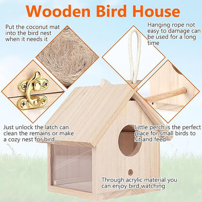 Tfwadmx 2PCS Wooden Bird House Transparent Outdoor Bird House Hanging Nests Box Garden Patio DIY Decorative for Wren Swallow Sparrow Hummingbird Finch Throstle