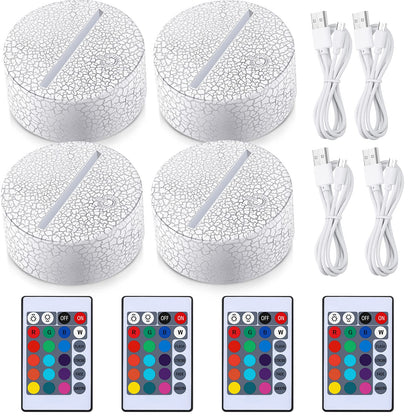 Honoson 4 Pieces 3D LED Lamp 16 Color Illusion Light Crack Night Base Battery or USB Operated Remote Control Light Stand Base for Christmas, Birthday