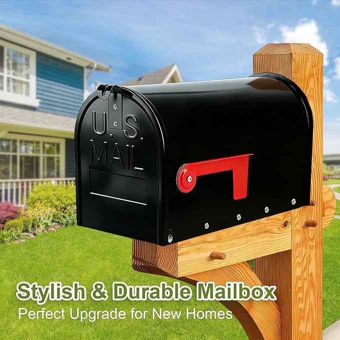 Black Galvanized Steel Post-Mount Mailbox, 19 x 8.7 x 6.7 inches, Standard Mail Box,Medium Capacity,Mailboxes for Outside Post Mount