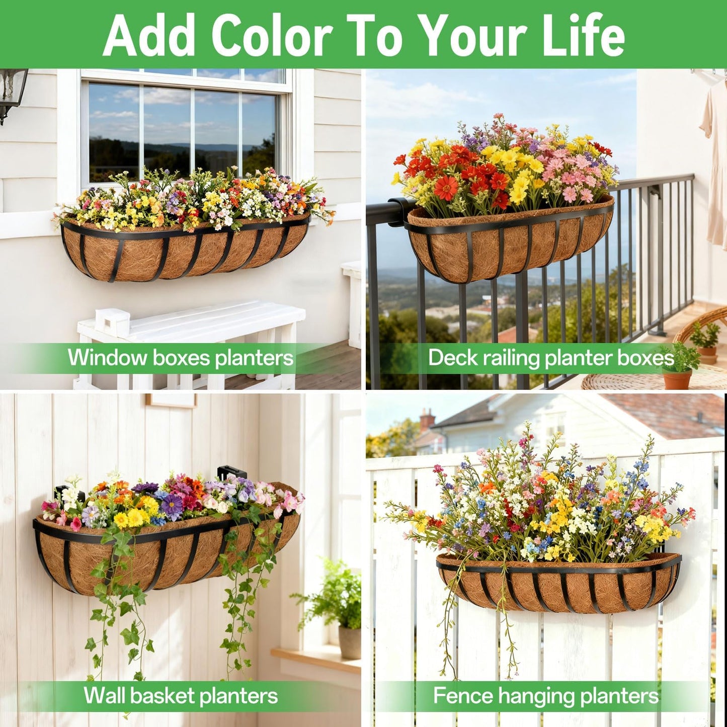 ZeeDix 24 Inch Trough Coconut Liners for Planters (4-Pack) - 100% Natural Coconut Coir Fiber Planter Liners Replacement for Window Boxes, Wall Baskets, Deck Flower Boxes, Garden Railing Fence Troughs