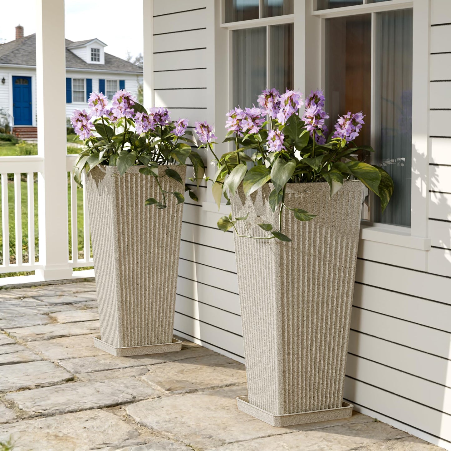 Trygoal Square Tall Planters for Outdoor Plants Set of 2-23.6" Heavy-Duty Classic Tapered Indoor Flower Pots with Drainage Holes/Partition/Tray, Large Outdoor Planters for Porch Patio, Beige Cream