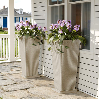 Trygoal Square Tall Planters for Outdoor Plants Set of 2-23.6" Heavy-Duty Classic Tapered Indoor Flower Pots with Drainage Holes/Partition/Tray, Large Outdoor Planters for Porch Patio, Beige Cream
