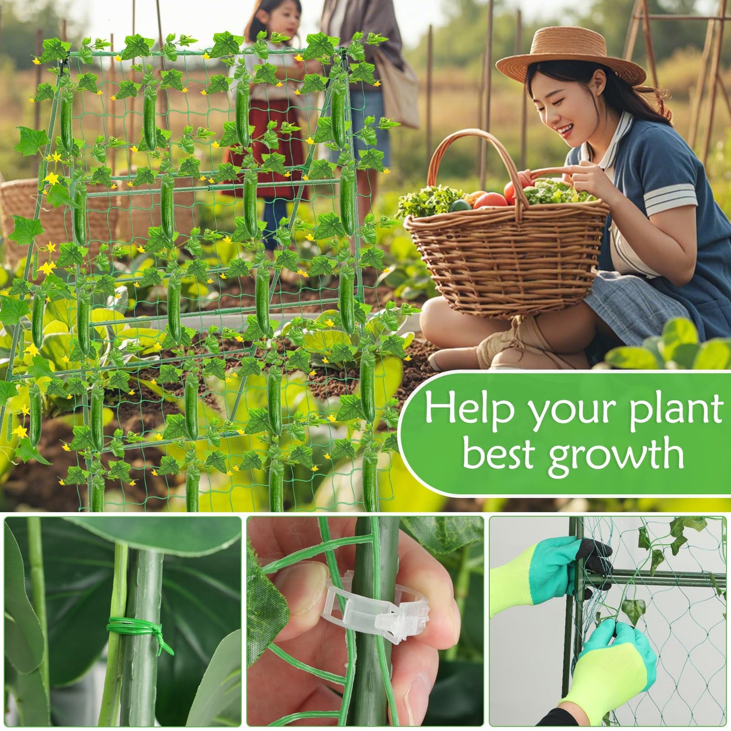 32 x 53 Inch Cucumber Trellis for Climbing Plants Outdoor A-Frame Garden Trellis for Raised Bed Detachable Sturdy Garden Plant Support Trellis for Small Plant Vegetable Flower Grape with Climbing Net