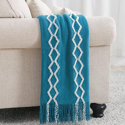 BOURINA Fluffy Chenille Knitted Fringe Throw Blanket Lightweight Soft Cozy for Bed Sofa Chair Throw Blankets, Teal 50" x 60"