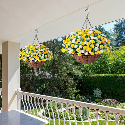 Artificial Hanging Flowers Basket for Spring Outdoors Decoration, Silk Mums Fake Flowers UV Resistant Look Real Daisy with Coconut Lining Baskets for Outside Porch Courtyard Decor(Yellow and White)