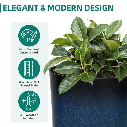 Autodaya 23.8" Large Tall Planters Set of 2 Plant Pot Plastic Flower Pots Outdoor Gradient Cobalt Blue Finish Front Porch Decor Pot Weather-Resistant & Lightweight for Garden, Patio, Deck, Indoor