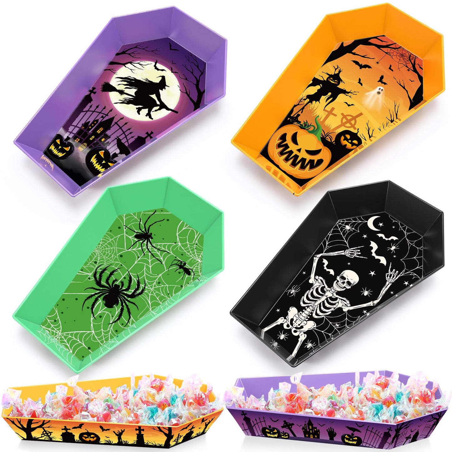 Wiwiqing 4 Pcs Halloween Candy Bowls Plastic Coffin Shaped Serving Tray Spooky Halloween Trick or Treat Candy Platter Dish for Birthday Party Food Storage Charcuterie Board Serving Supplies