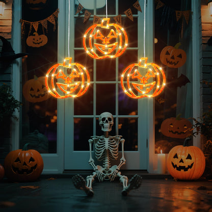 woohaha Halloween Window Lights,48LED 3 Pumpkin Curtain String Lights USB/Battery Operated,Hanging Light for Indoor Outdoor Bedroom,Room,Wall,Party,Holiday Decorations(Orange)