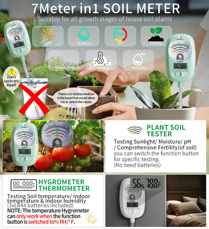 HSLGOVE Soil Test Kit, 7-in-One Soil Moisture Meter/Soil PH Meter/Fertility, Dual Screen Soil Tester w/Digital Soil Temp/Air Temp&Humidity for Plants Gardening,Lawn,Farm Indoor&Outdoor-AppleGreen