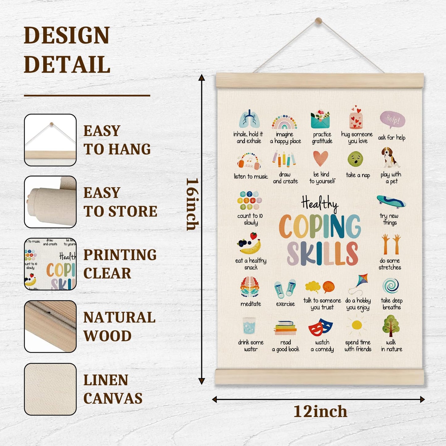Mental Health Poster Hanger Frame, Coping Skills Poster 16x12 Inch, Therapy Office Decor, Anxiety Relief, Calm Down Corner Wall Decor, Emotional Learning Wall Art for Homeschool Counseling Office