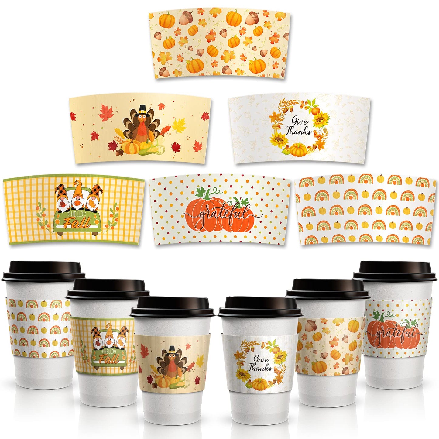Patelai 36pcs Thanksgiving Coffee Cup Sleeves Double Layer Harvest Gnome Pumpkin Turkey Paper Sleeves Fit 12 and 16oz Disposable Paper Cup for Hot Chocolate Coffee or Cold Beverage