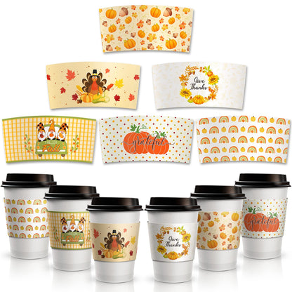 Patelai 36pcs Thanksgiving Coffee Cup Sleeves Double Layer Harvest Gnome Pumpkin Turkey Paper Sleeves Fit 12 and 16oz Disposable Paper Cup for Hot Chocolate Coffee or Cold Beverage