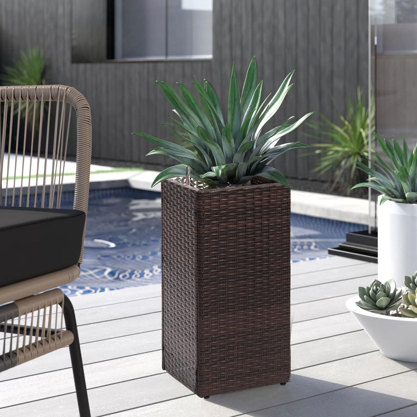 LEWIS&WAYNE Set of 2 Tall Planters for Outdoor Plants Handmade 24'' Wicker Tall Square Planter Box with Removable Liners Modern Planter for Indoor Outdoor Garden Patio Front Porch - Brown