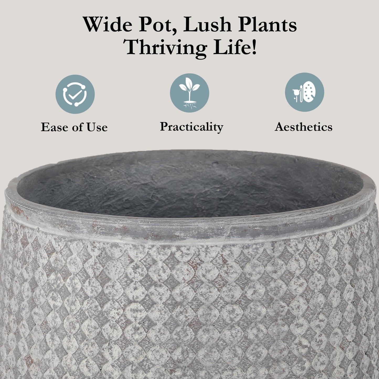 Worth 12" and 14.5" Round Planters, Lightweight Magnesium Oxide Cement Plant Pot, Raised Pattern Concrete Look with Drainage Hole, Grey