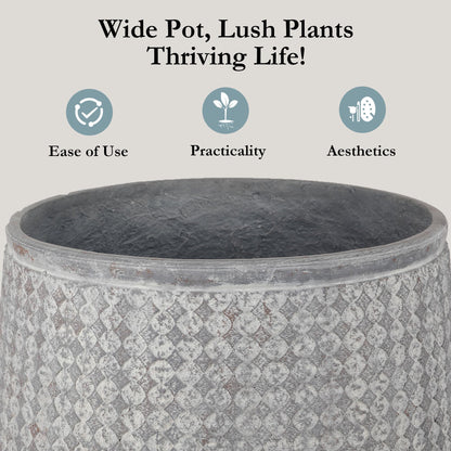 Worth 12" and 14.5" Round Planters, Lightweight Magnesium Oxide Cement Plant Pot, Raised Pattern Concrete Look with Drainage Hole, Grey
