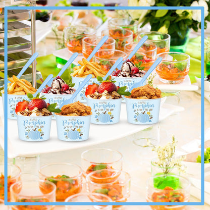 Yungyan 48 Pcs Fall Little Pumpkin Baby Shower Treat Snack Cups 9oz Disposable Ice Cream Bowls Party Supplies Thanksgiving Autumn Paper Cups with Spoons Maple Leaves Dessert Bowl for Hot Cold(Blue)