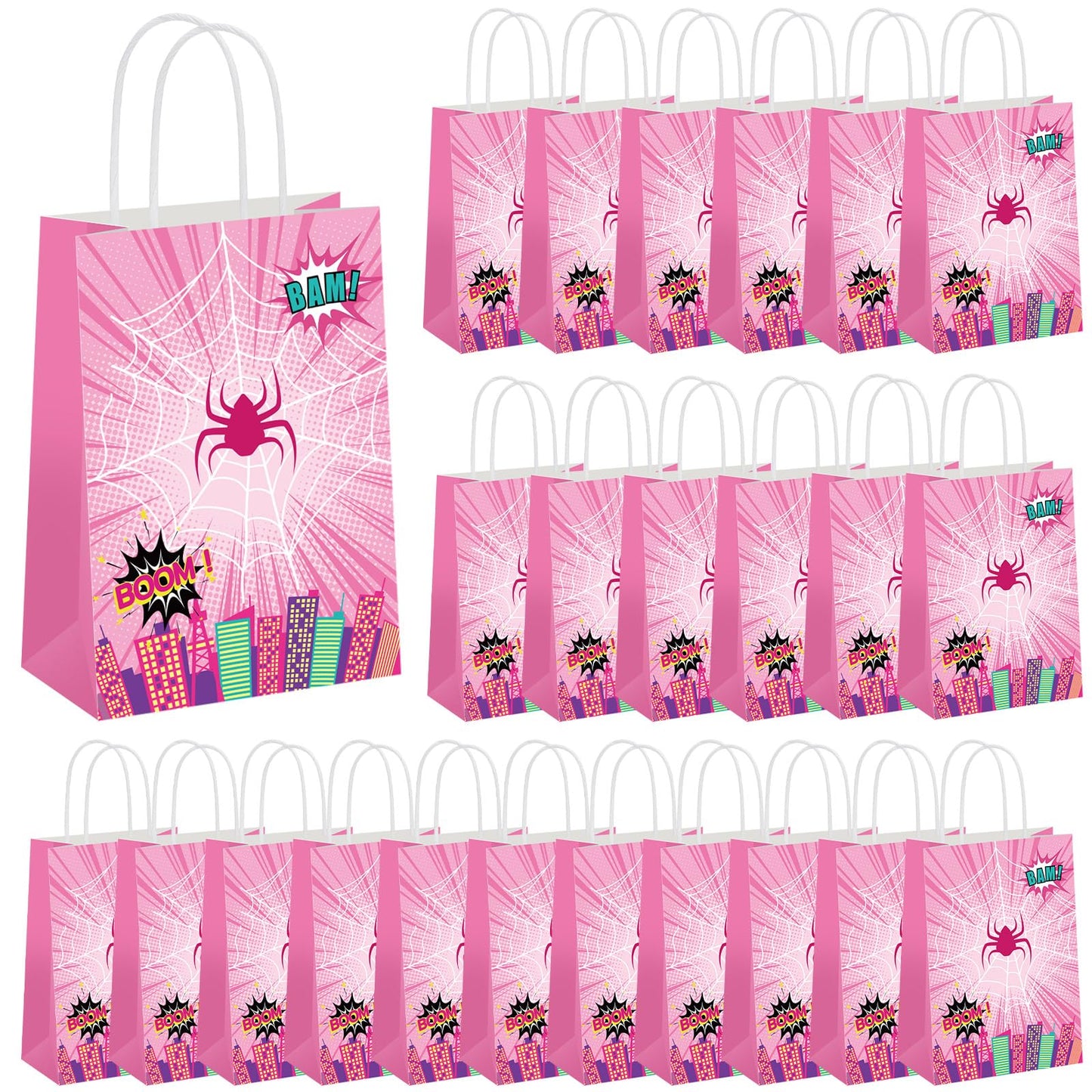 Henoyso 24 Pcs Pink Spider Party Favor Goodie Bags with Handles Pink Ghost Theme Birthday Decorations Treat Candy Snack Gift Bags for Baby Shower Birthday Party Supplies