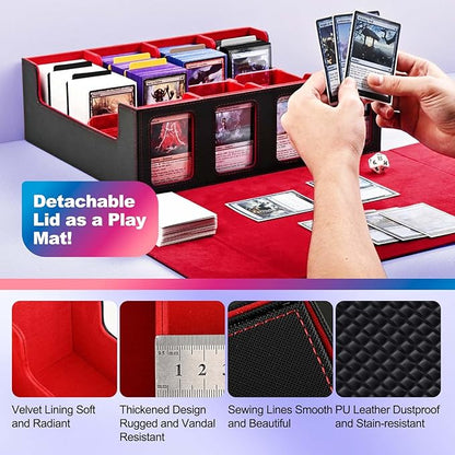 UAONO Trading Card Storage Box with Commander Display; 2400+ Deck Box for MTG with Removable Cover; Top Loaders Card Case fits Magic TCG PTCG Sports Cards; 24 Dividers, 4 Stoppers (Black, Red)