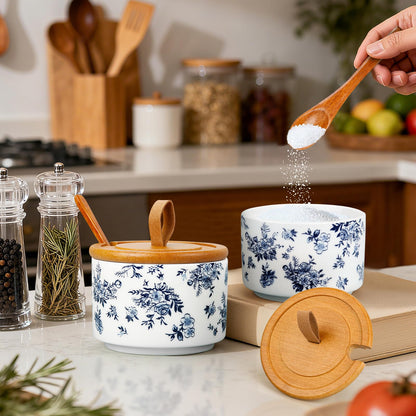 SUOWEEI Ceramics Salt Container, 7.5 oz Classical Porcelain Salt Cellar with Lid and Spoon, Pepper Bowls Seasoning Container for Countertop Kitchen