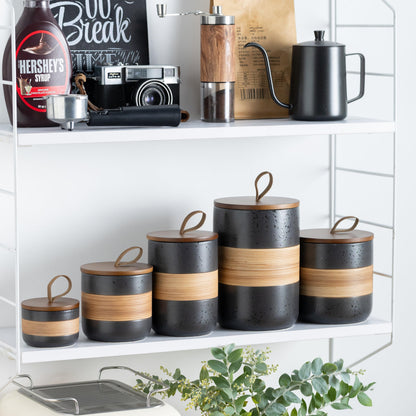 Miamolo Small Ceramic Jar with Lid, Coffee Container Kitchen Food Storage Jars for Spice Sugar Tea Bag Matcha Container Airtight, Stacairtightkable Decorative Jars for Countertop, Black & 5 fl.oz