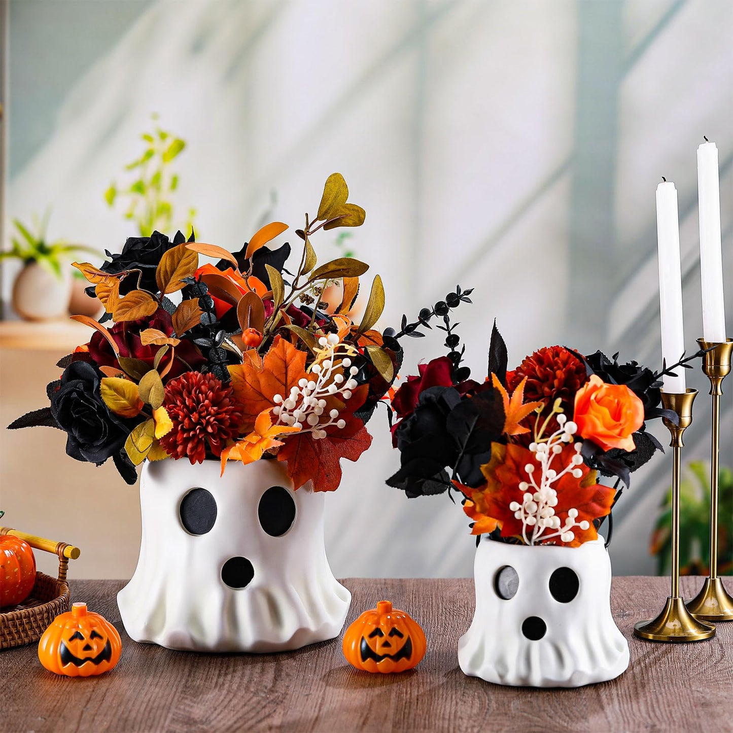Fullhawl 2 Pack Ghost Bucket Decor Halloween Vase Cutest Ghost Candy Bowl Planter Pot Halloween Bucket Vase for Indoor Outdoor Garden Home Decor