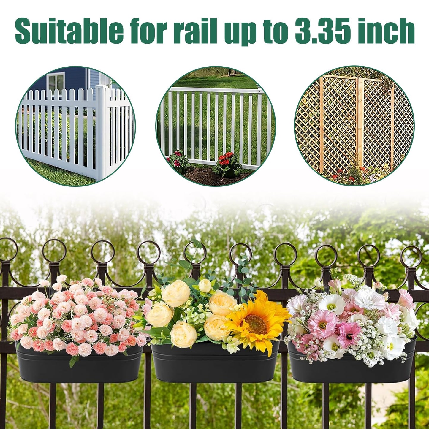 MICOKAY 3 PCS Deck Planters for Railing, 16 Inch Porch Railing Planters with Detachable Hooks and Drain Holes, Oval Hanging Flower Pots for Fence Garden, Black Metal Outdoor Planter Boxes