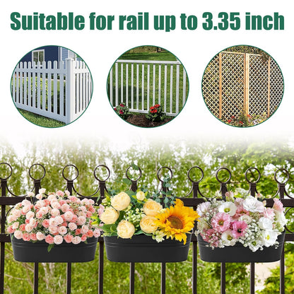 MICOKAY 3 PCS Deck Planters for Railing, 16 Inch Porch Railing Planters with Detachable Hooks and Drain Holes, Oval Hanging Flower Pots for Fence Garden, Black Metal Outdoor Planter Boxes