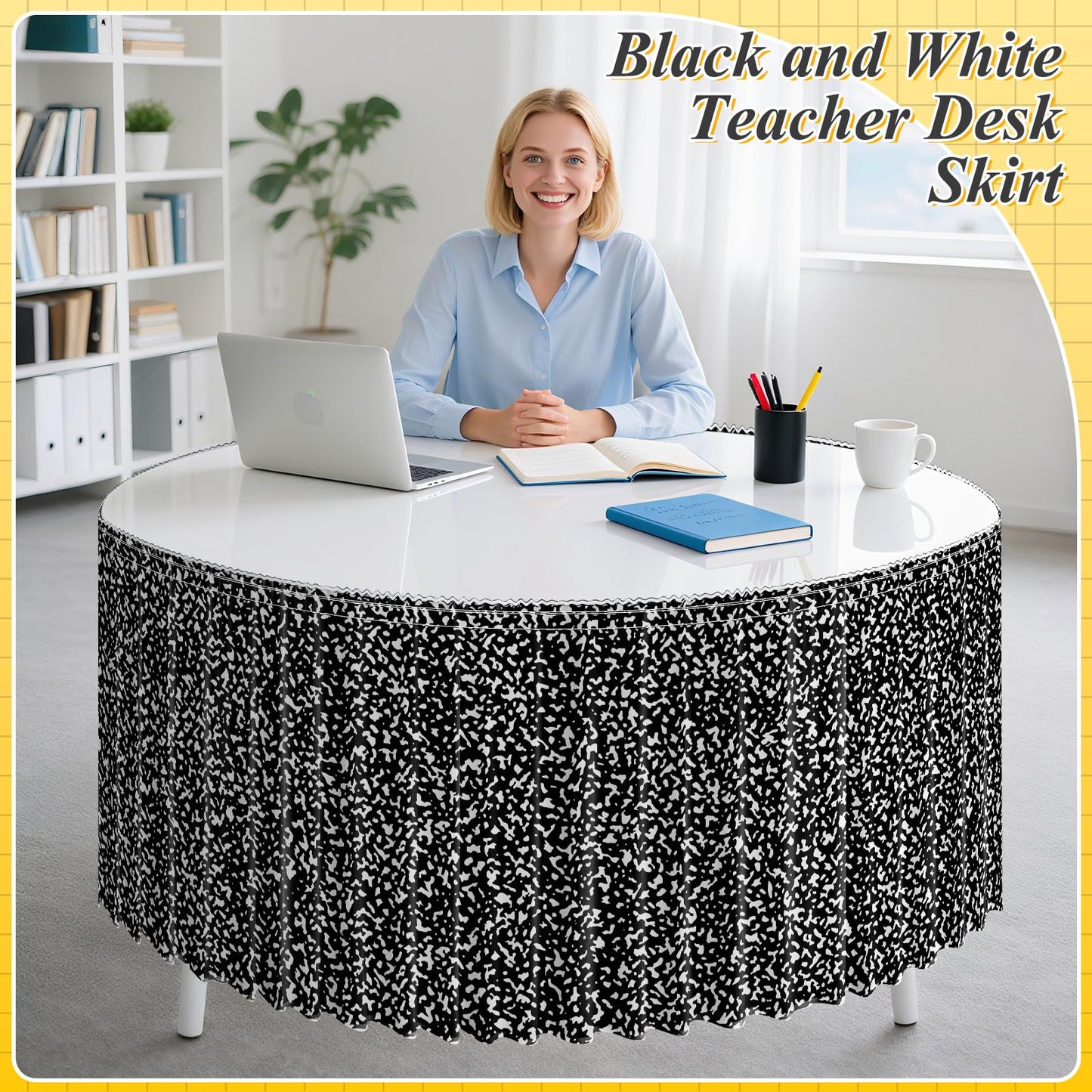 AKAIXI 12FT Black and White Composition Table Skirt Ruffle Teacher Desk Skirts for Classroom Decorations Table Cover Skirt for Kidney Shaped Desk Party Supplies Kindergarten Office Bookcase Cabinet