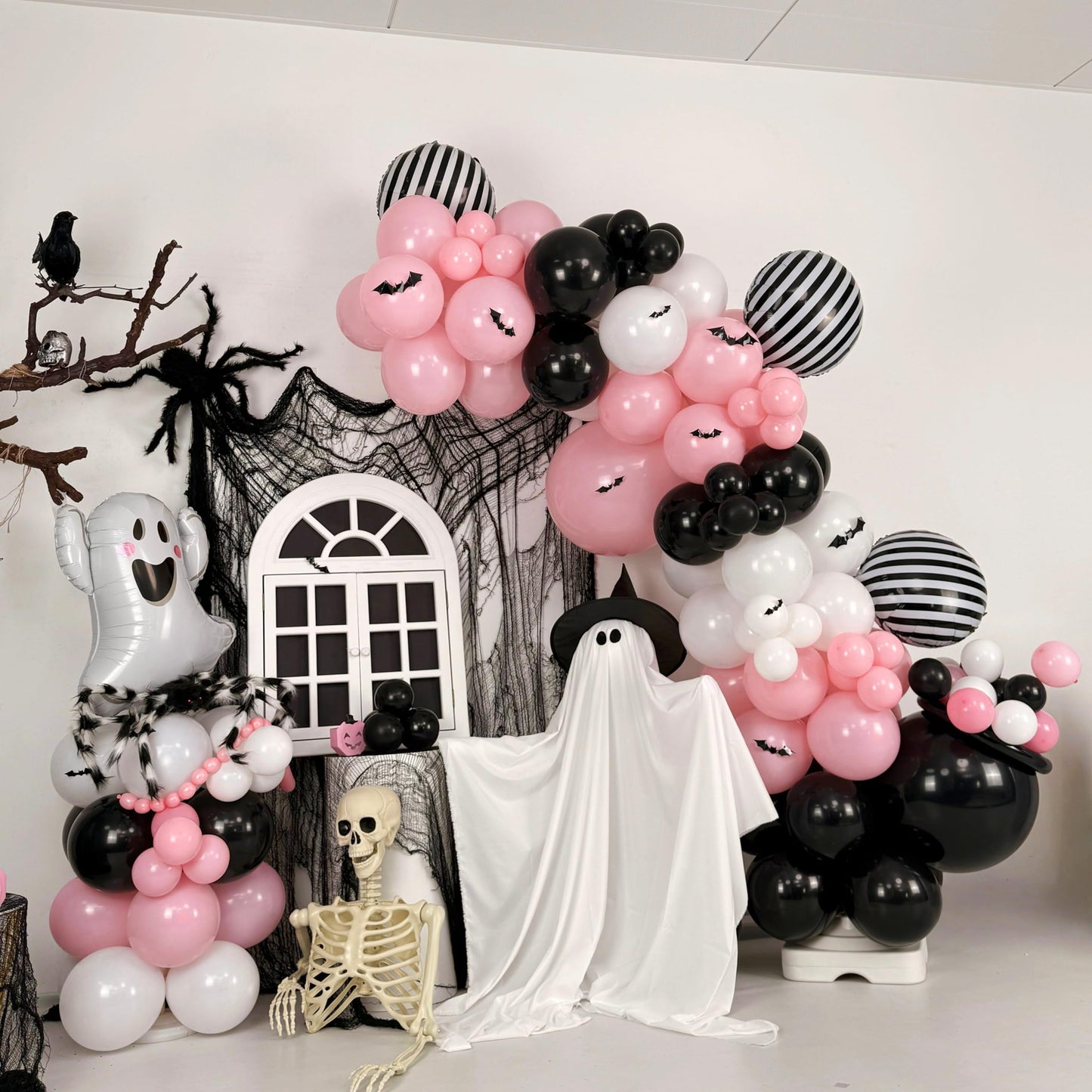 Pink Black White Halloween Balloon Garland Kit,118pcs Pastel Halloween Ghost Striped Foil Balloon Arch with 3D Bats for Girl Kawaii Spooky One Birthday Backdrop Baby Shower Birthday Party Decorations