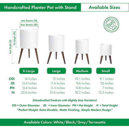 D'vine Dev 14 Inch Planter Pot with Stand, Mid-Century Tall Plant Pot with Legs for Indoor Plants, X-Large, White, 88-O-D-1