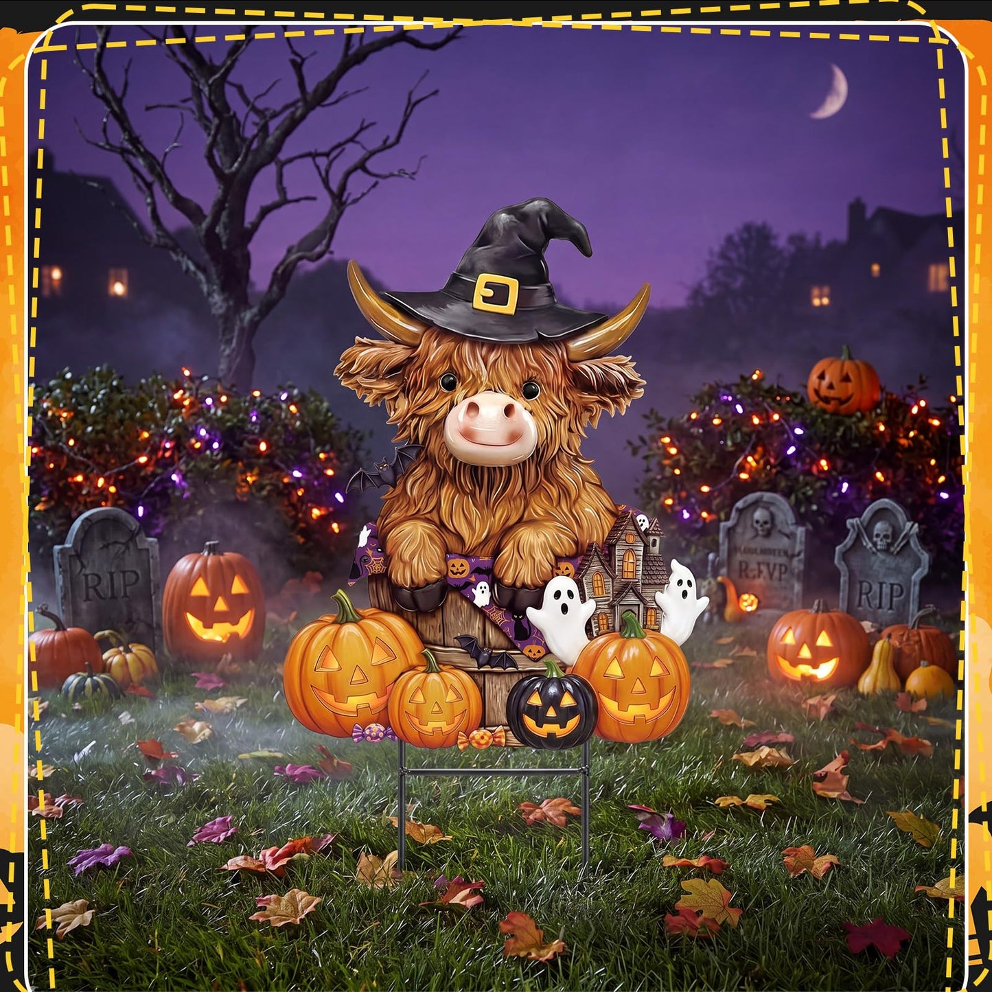 Amyhill Halloween Highland Cow Outdoor Decor Metal Garden Stakes with Pumpkins Bats Yard Signs for Halloween Outdoor Lawn Porch Backyard Holiday Lawn Decorations